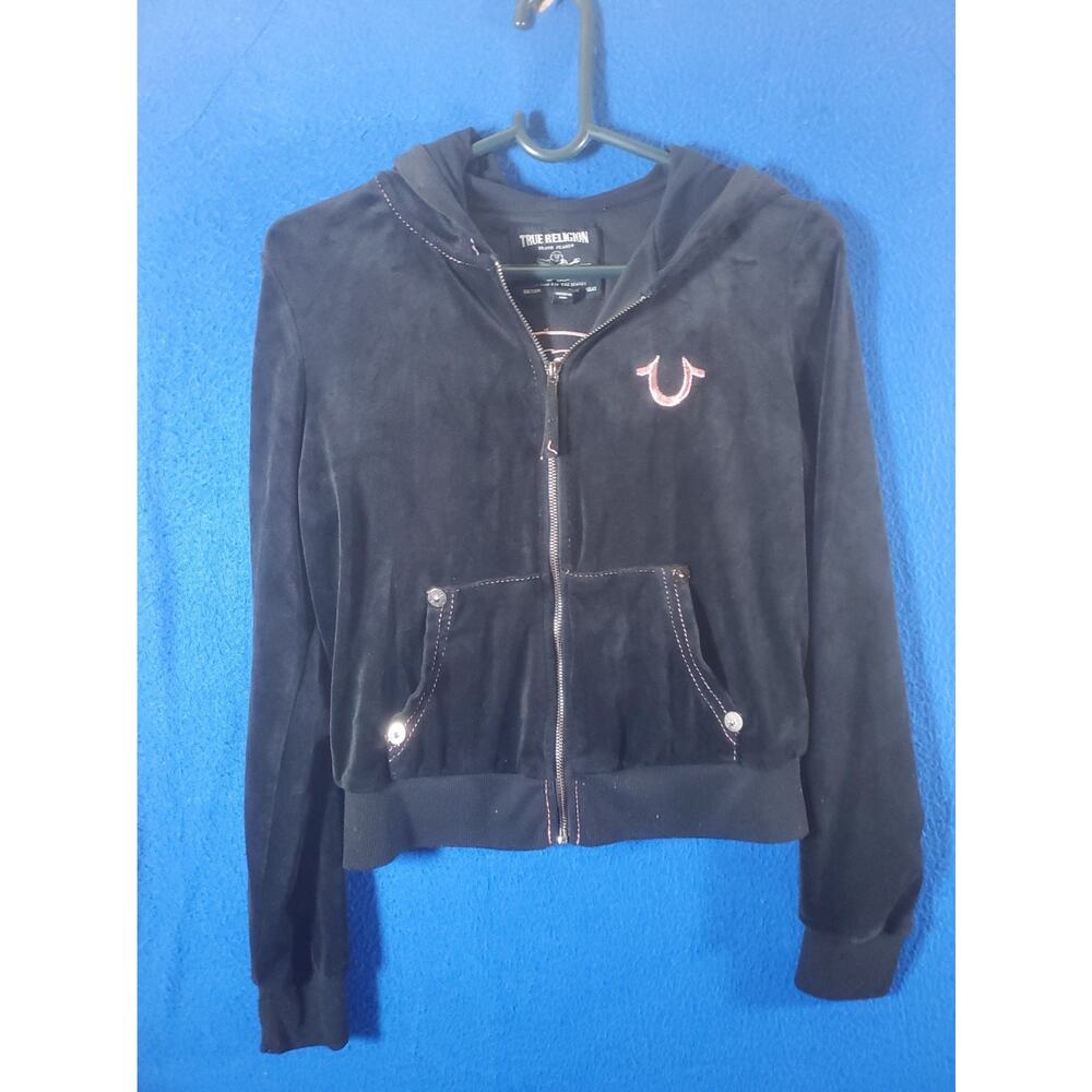 True Religion Womens Velour Zip Up Hoodie Black Pink Crystal Buddha Shrunken XS - Picture 13 of 16